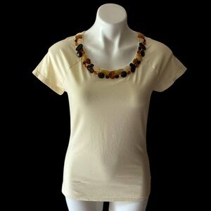 Vintage Doncaster Women’s Ivory Beaded Cotton Blend Short Sleeve Tee Size Small
